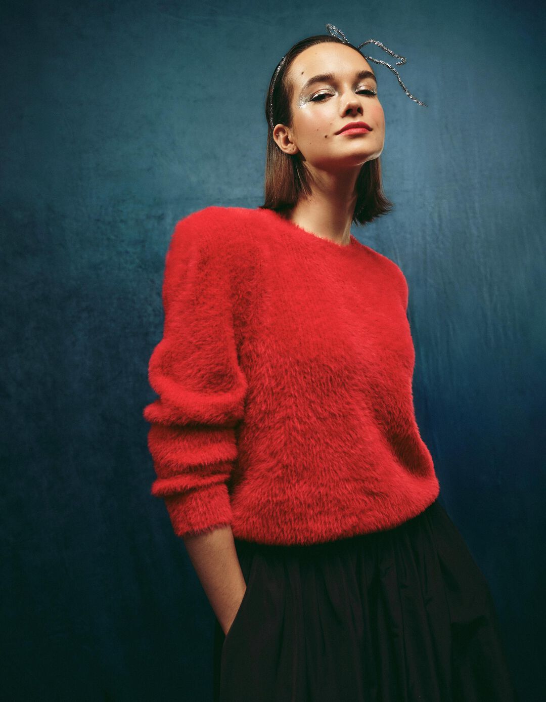 Camisola com Efeito de Pelo, Mulher, Vermelho