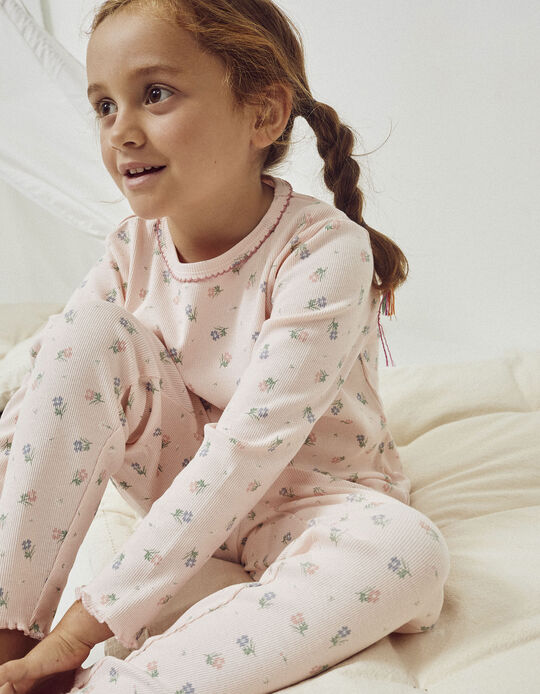 Cotton Floral Ribbed Pyjamas for Girls, Pink
