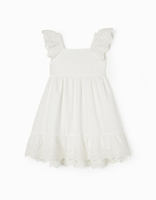 Cotton Dress with Broderie Anglaise for Girls, White
