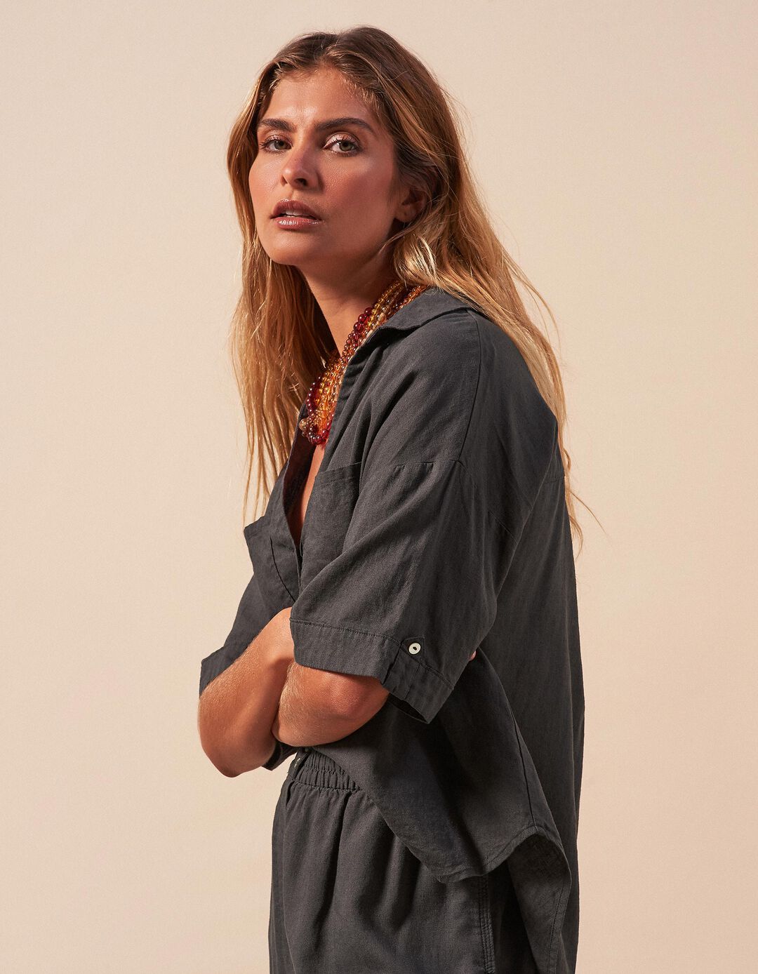 Camisa com Linho, Mulher, Cinzento Escuro