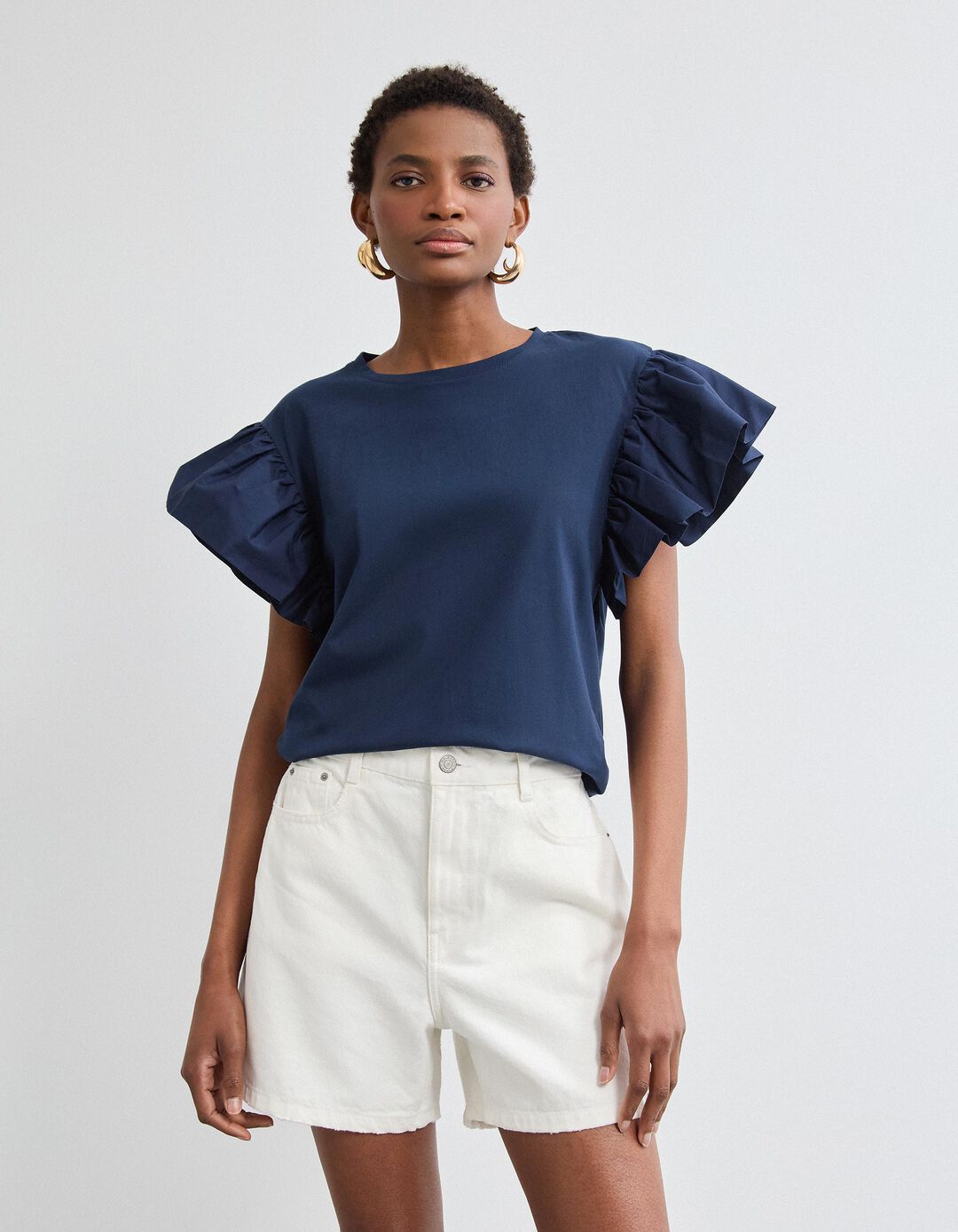 T-shirt Folhos, Mulher, Azul Escuro