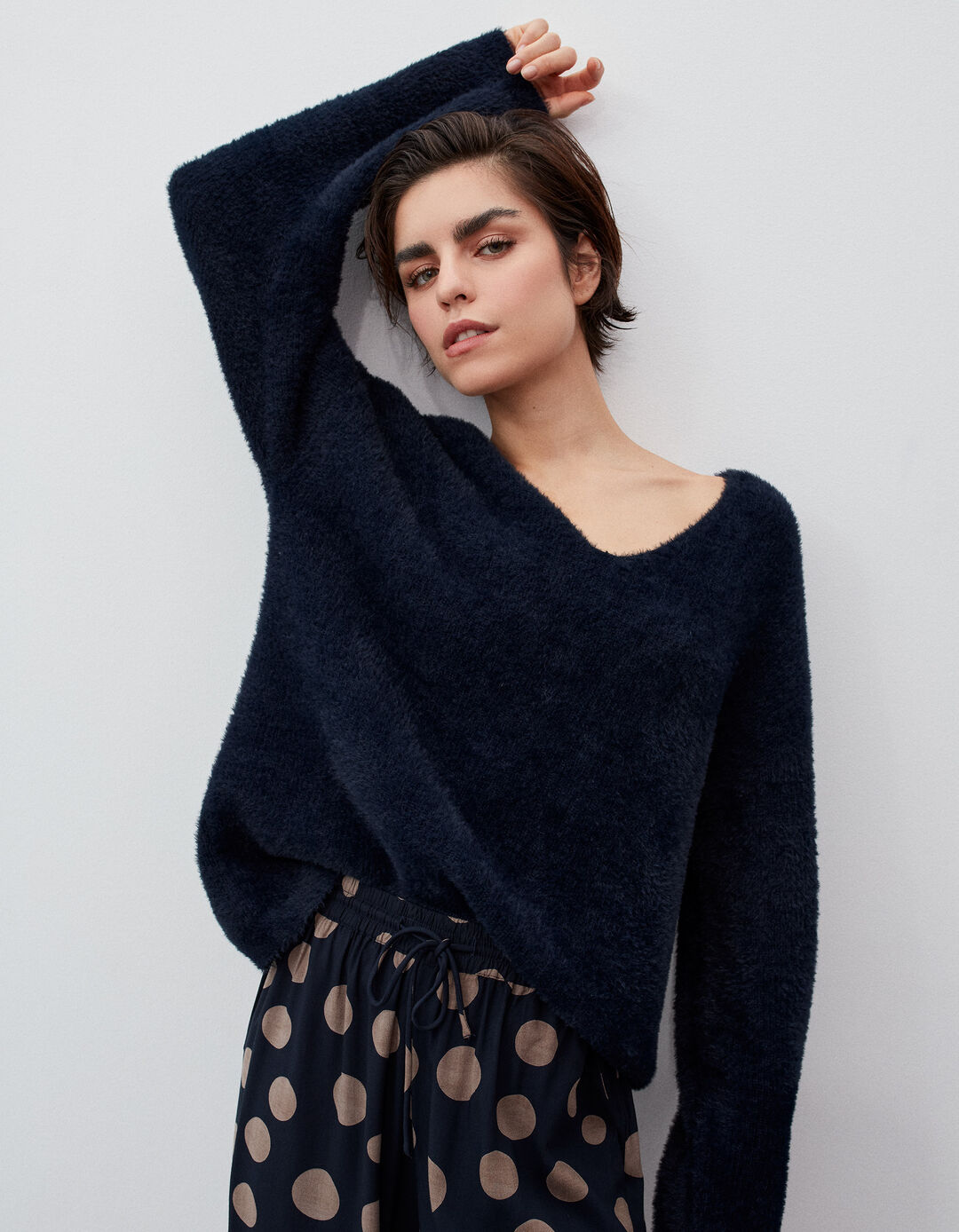 V-Neck Knit Sweater, Women, Dark Blue