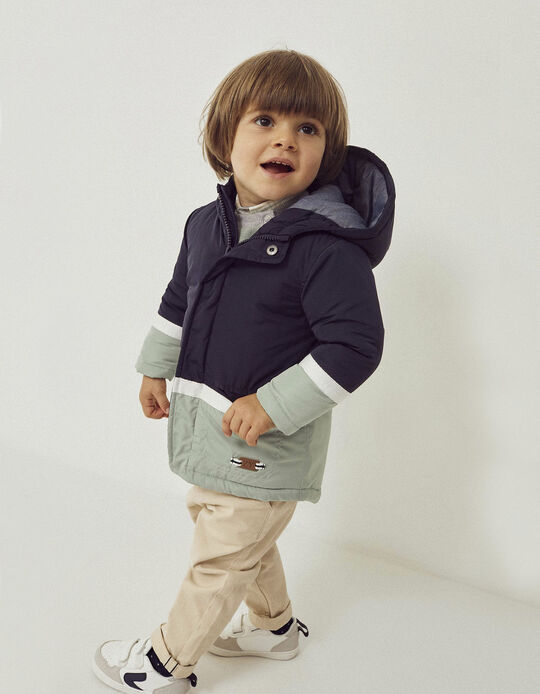 Quilted Parka for Baby Boys, Dark Blue/Aqua Green