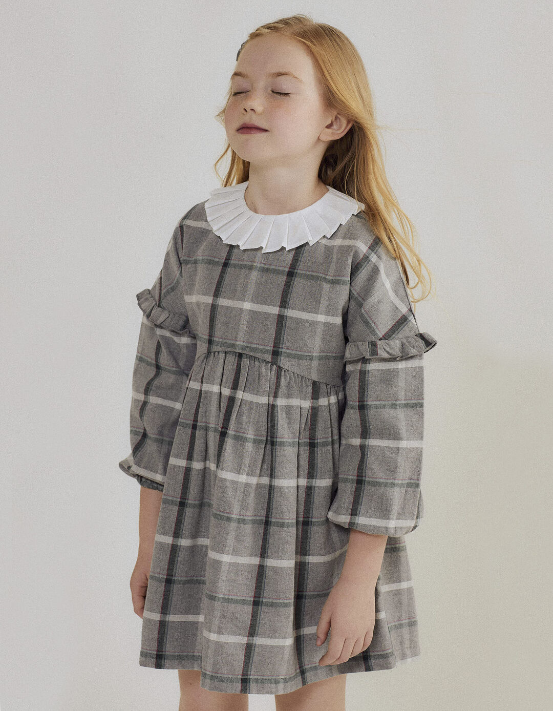 Long Sleeve Checkered Dress for Girls, Gray
