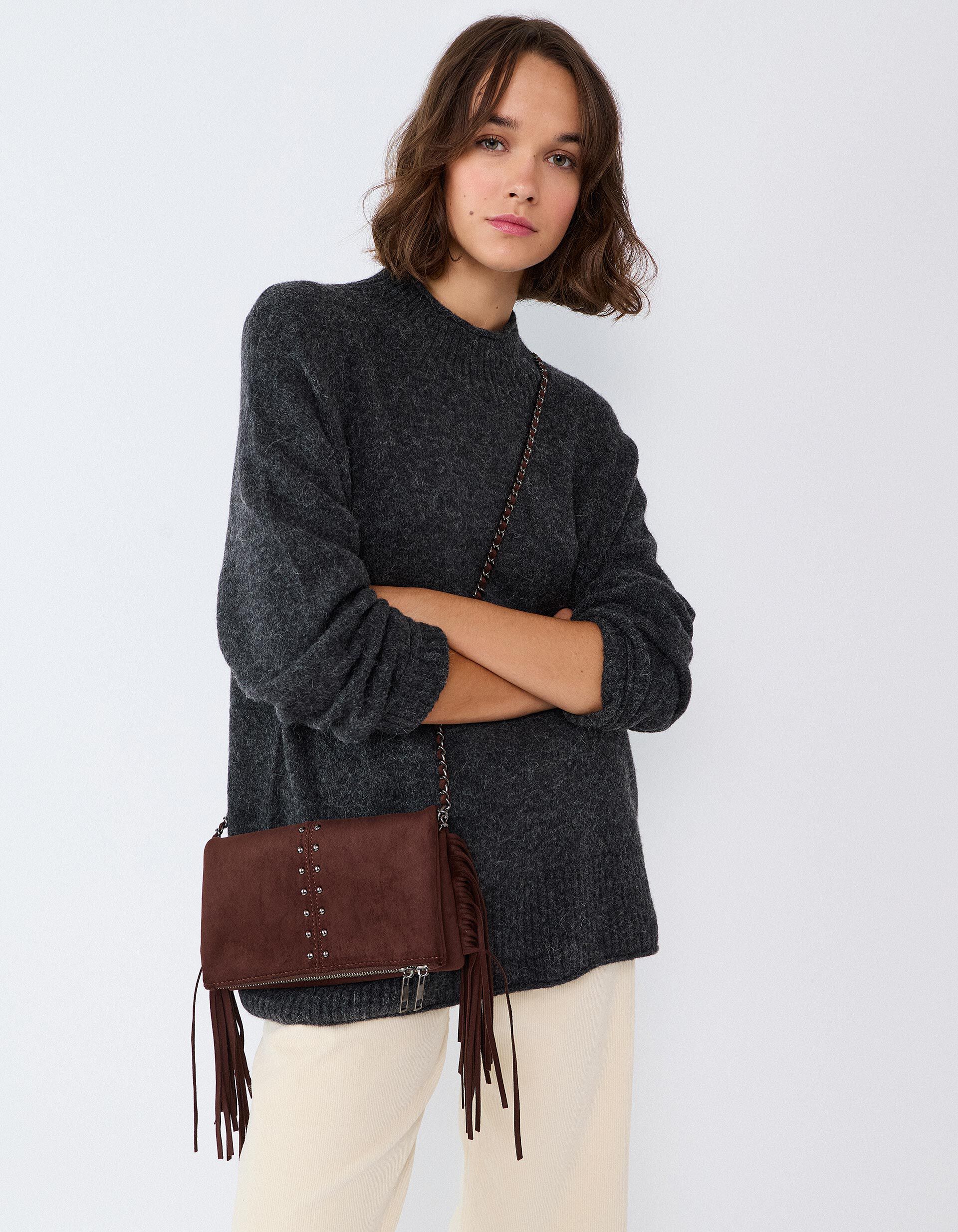 Comprar Online Mala Tiracolo Com Franjas E Tachas, Mulher, Castanho