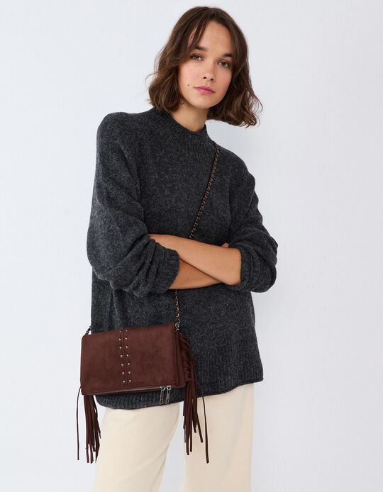 Comprar Online Mala Tiracolo Com Franjas E Tachas, Mulher, Castanho
