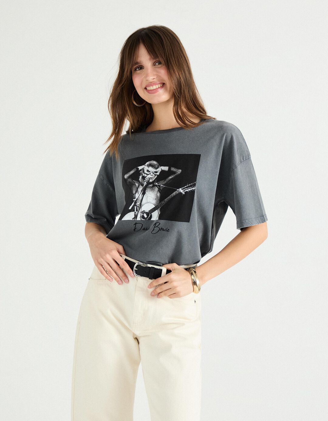 T-shirt 'Bowie', Mulher, Cinzento Escuro 