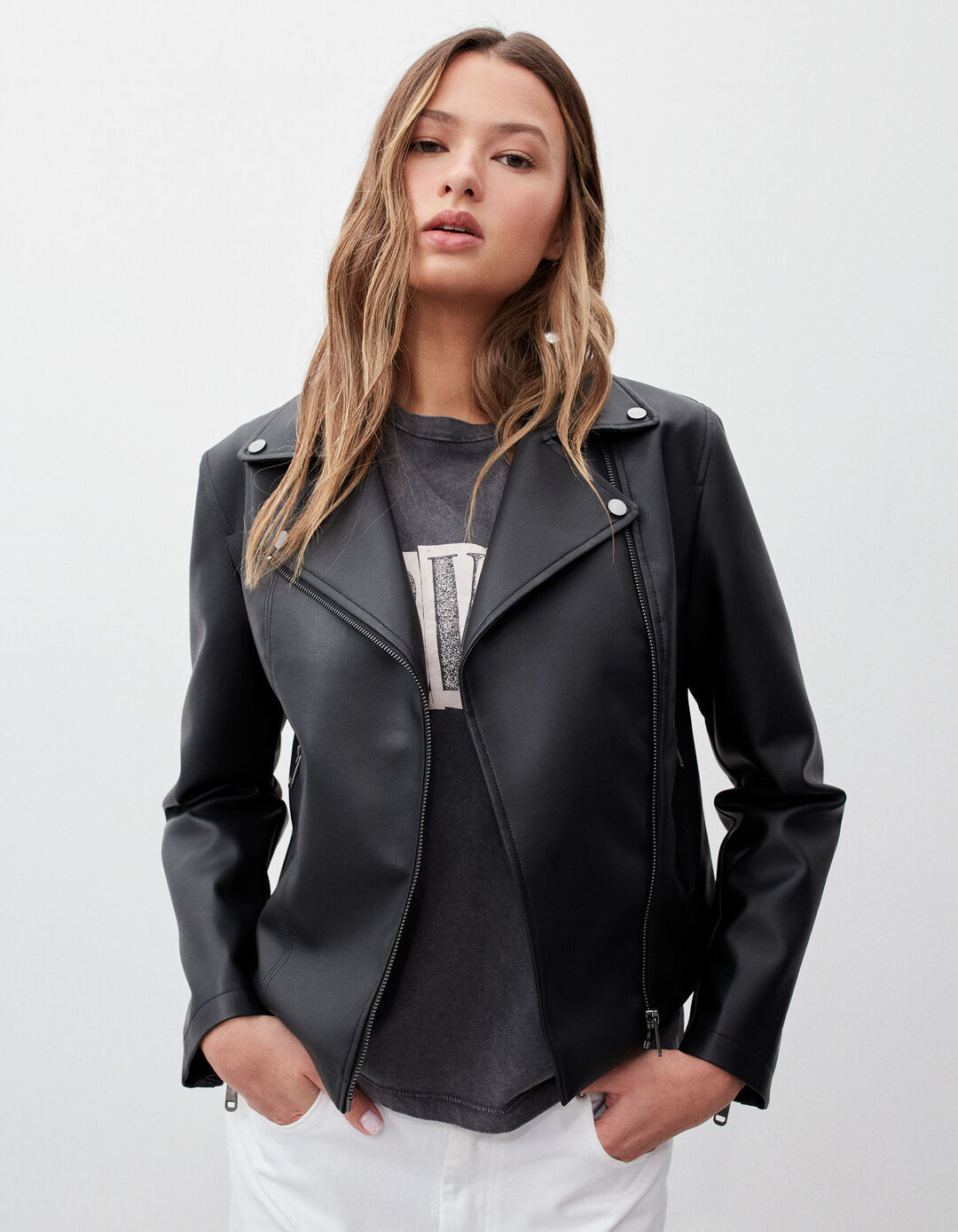 Biker Faux Leather Jacket, Women, Black