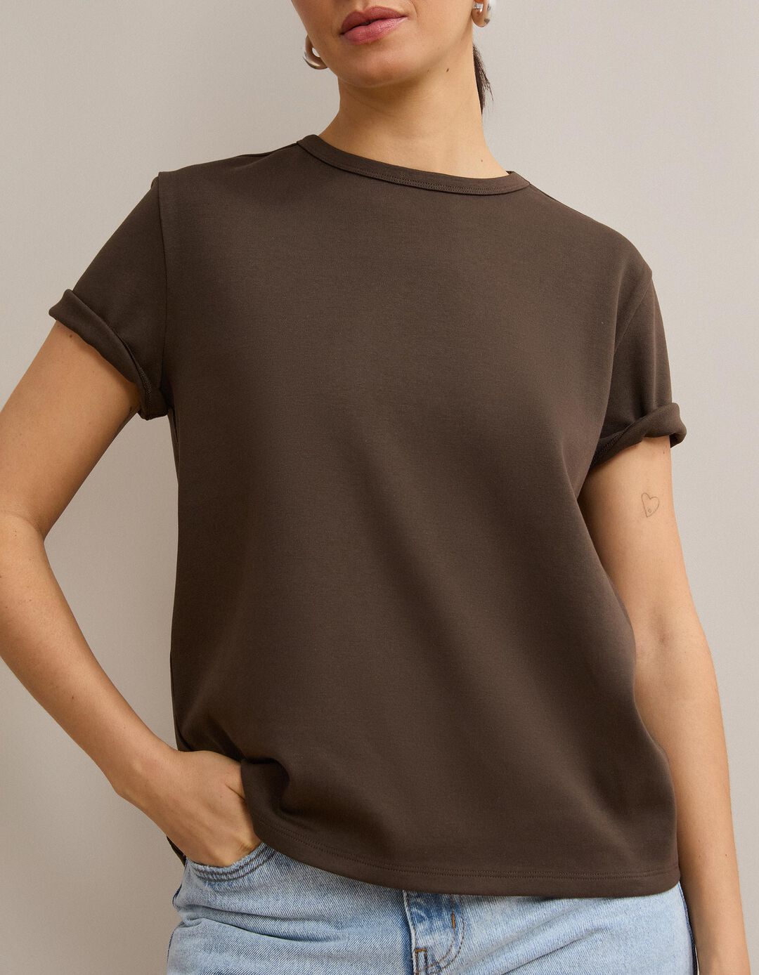 T-shirt Interlock Manga Curta, Mulher, Castanho Escuro