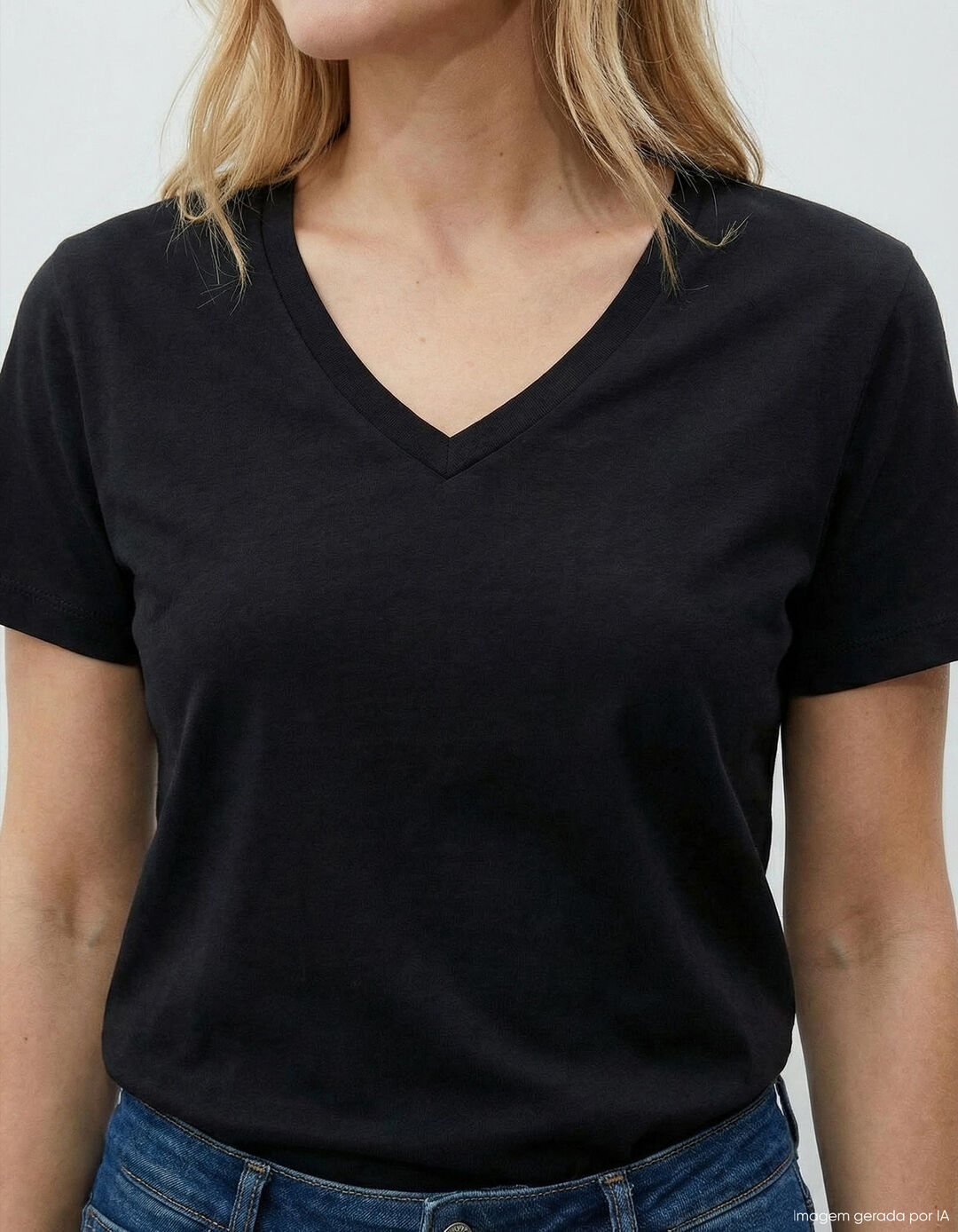 T-shirt Decote em V, Mulher, Preto