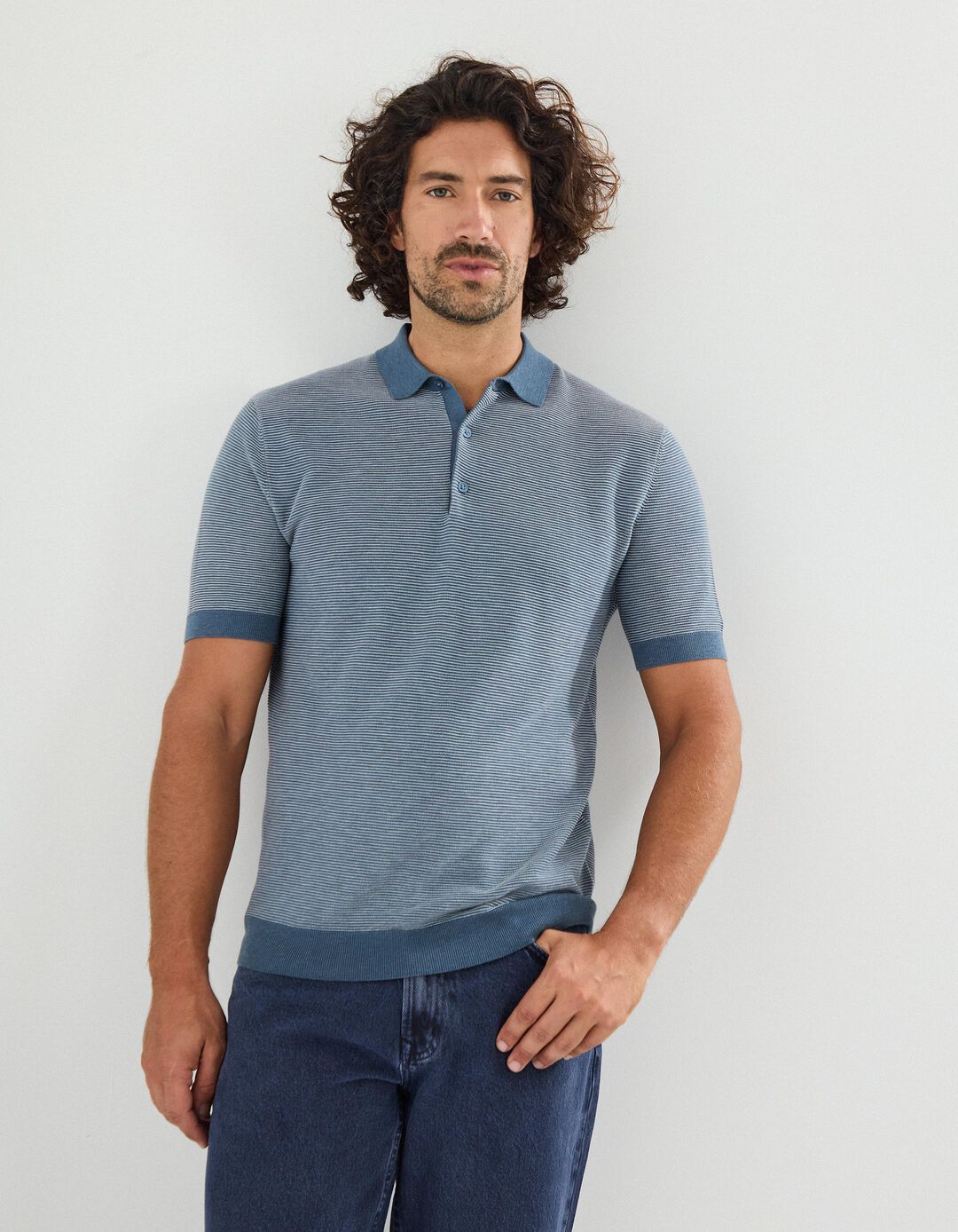 Polo de Malha com Riscas, Homem, Azul
