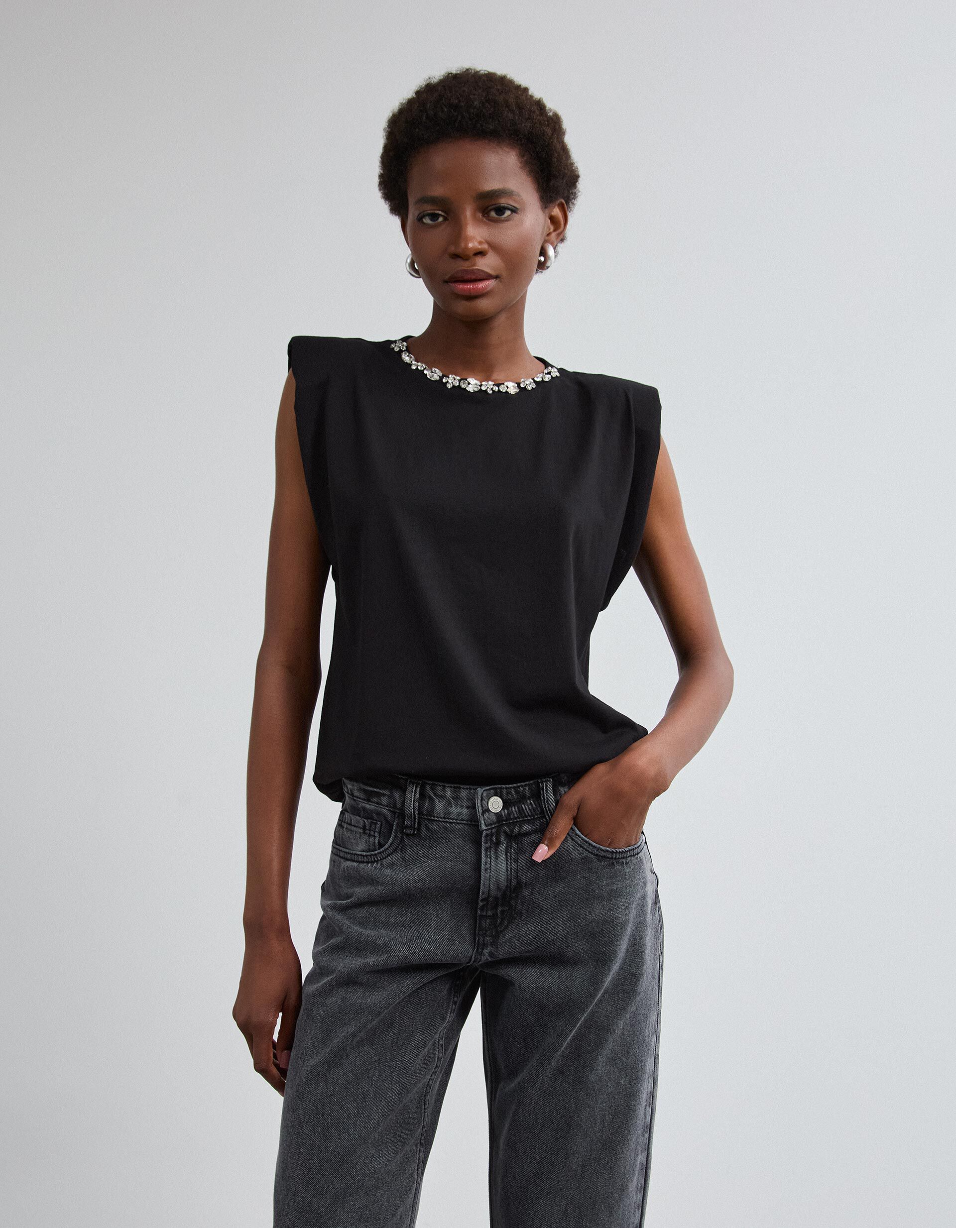 Comprar Online T-shirt Ombreiras Com Brilhos, Mulher, Preto 