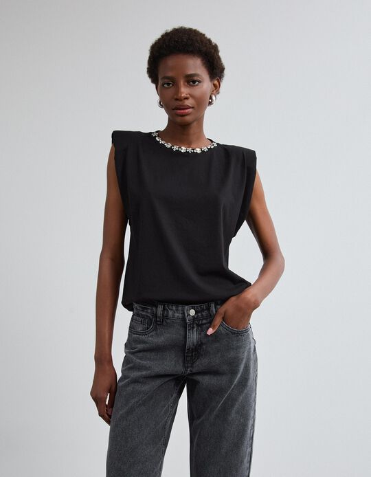 Comprar Online T-shirt Ombreiras Com Brilhos, Mulher, Preto 
