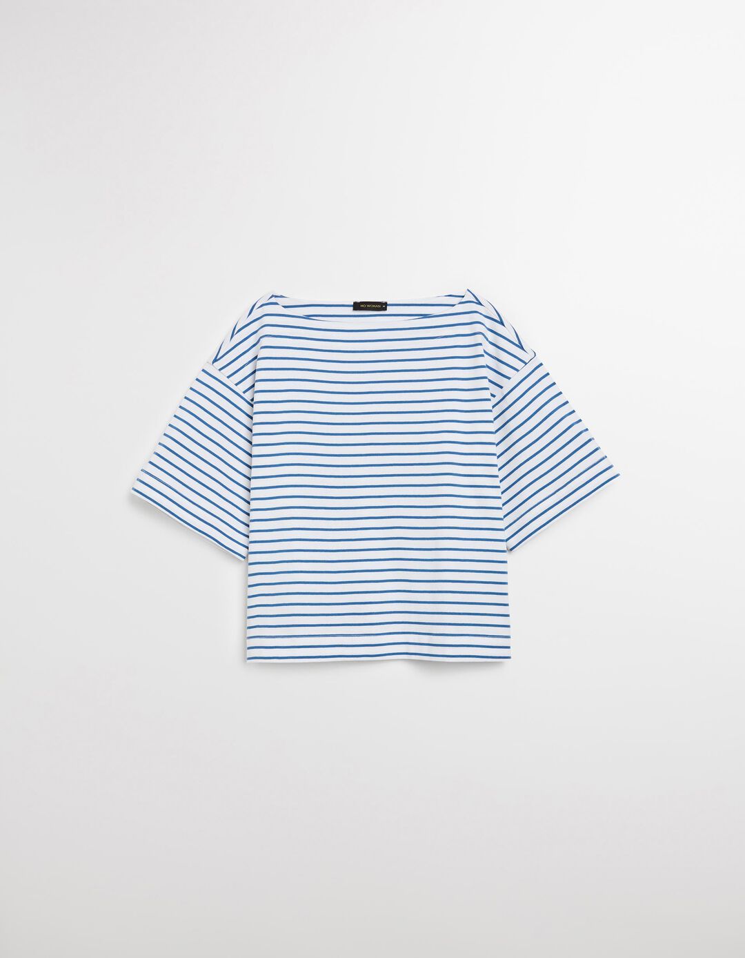 T-shirt Riscas com Decote em Barco, Mulher, Branco