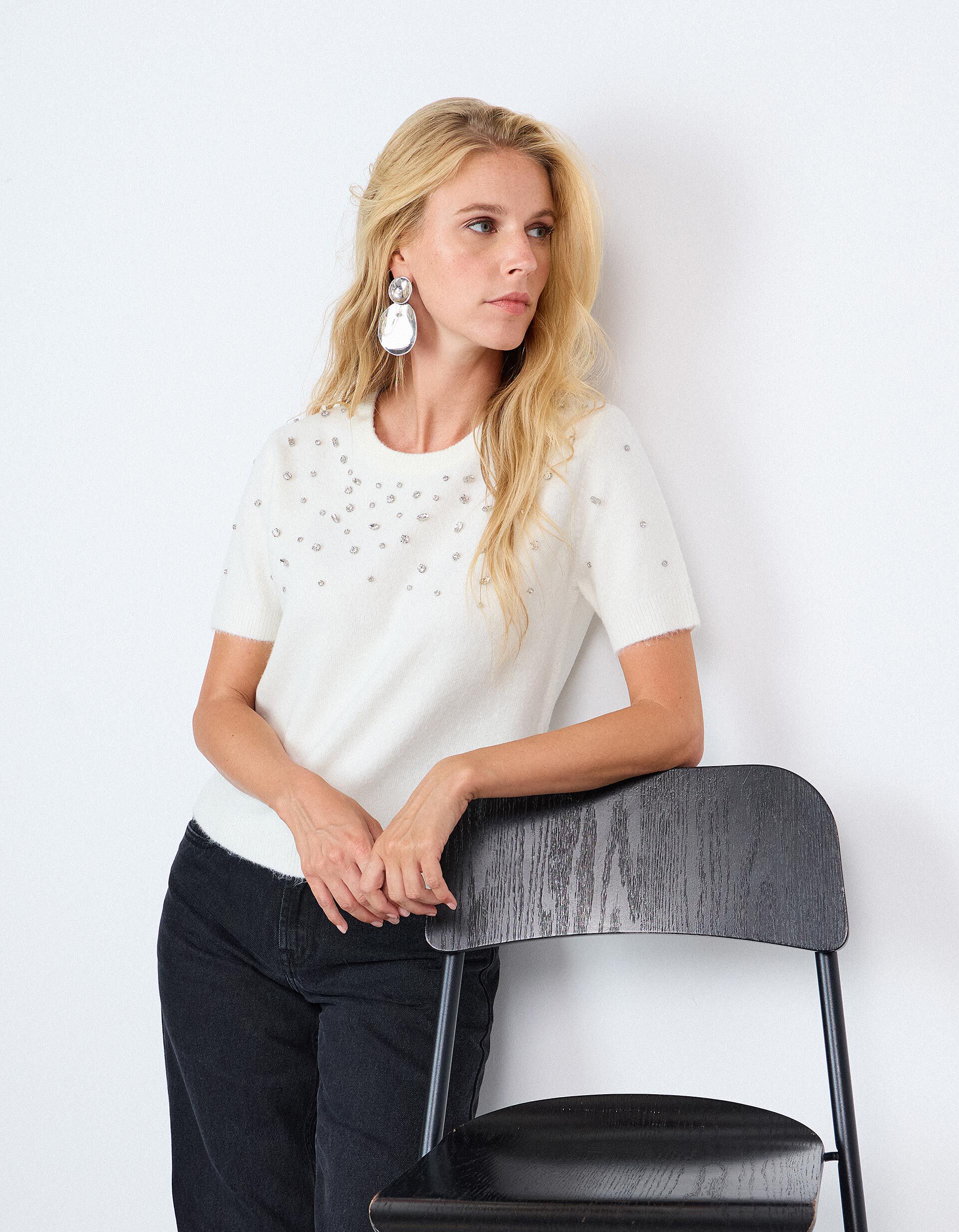 Comprar Online Camisola Tricotada Com Pedras, Mulher, Cru