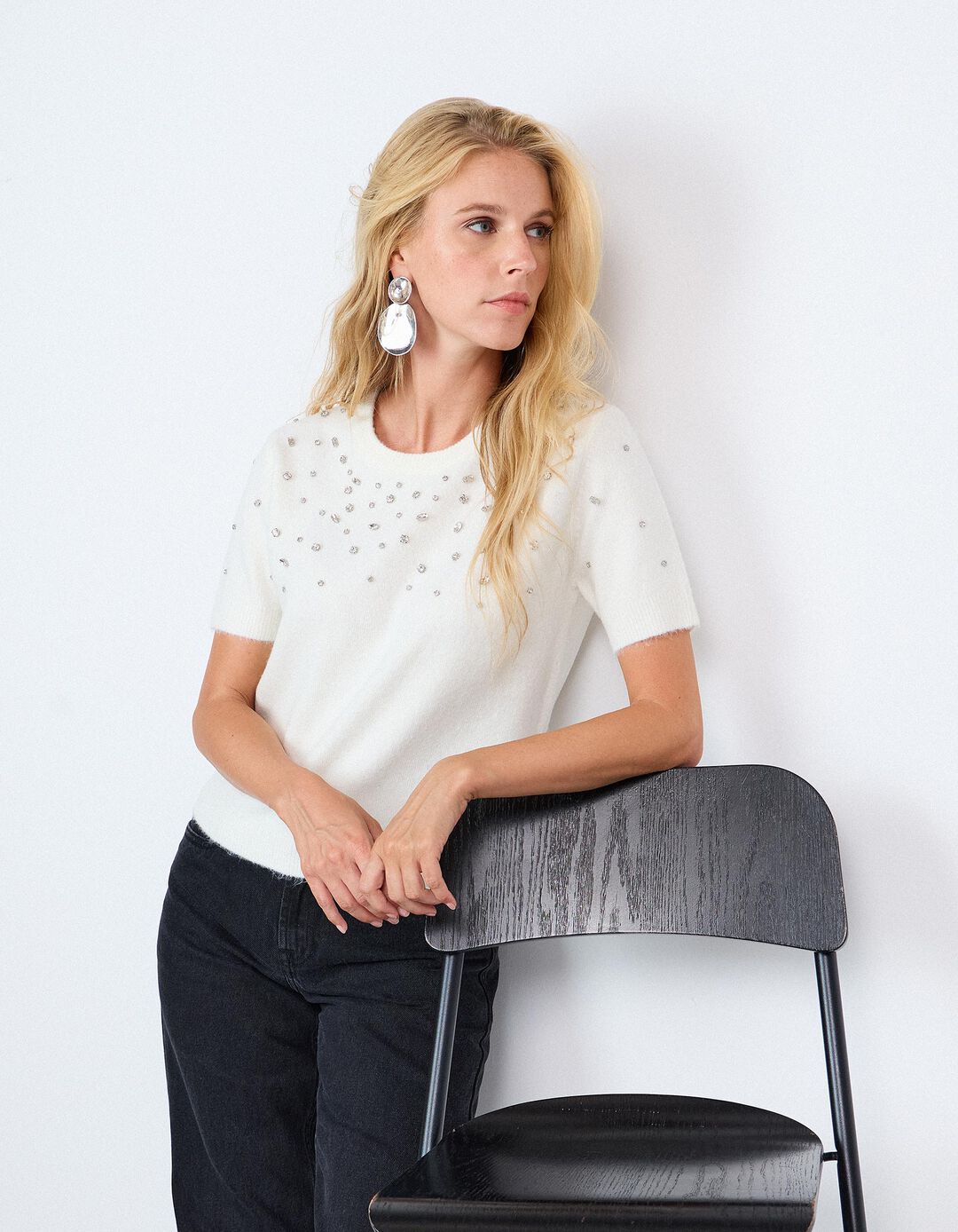 Camisola Tricotada Com Pedras, Mulher, Cru