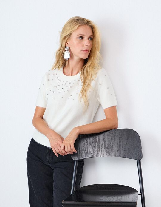 Comprar Online Camisola Tricotada Com Pedras, Mulher, Cru