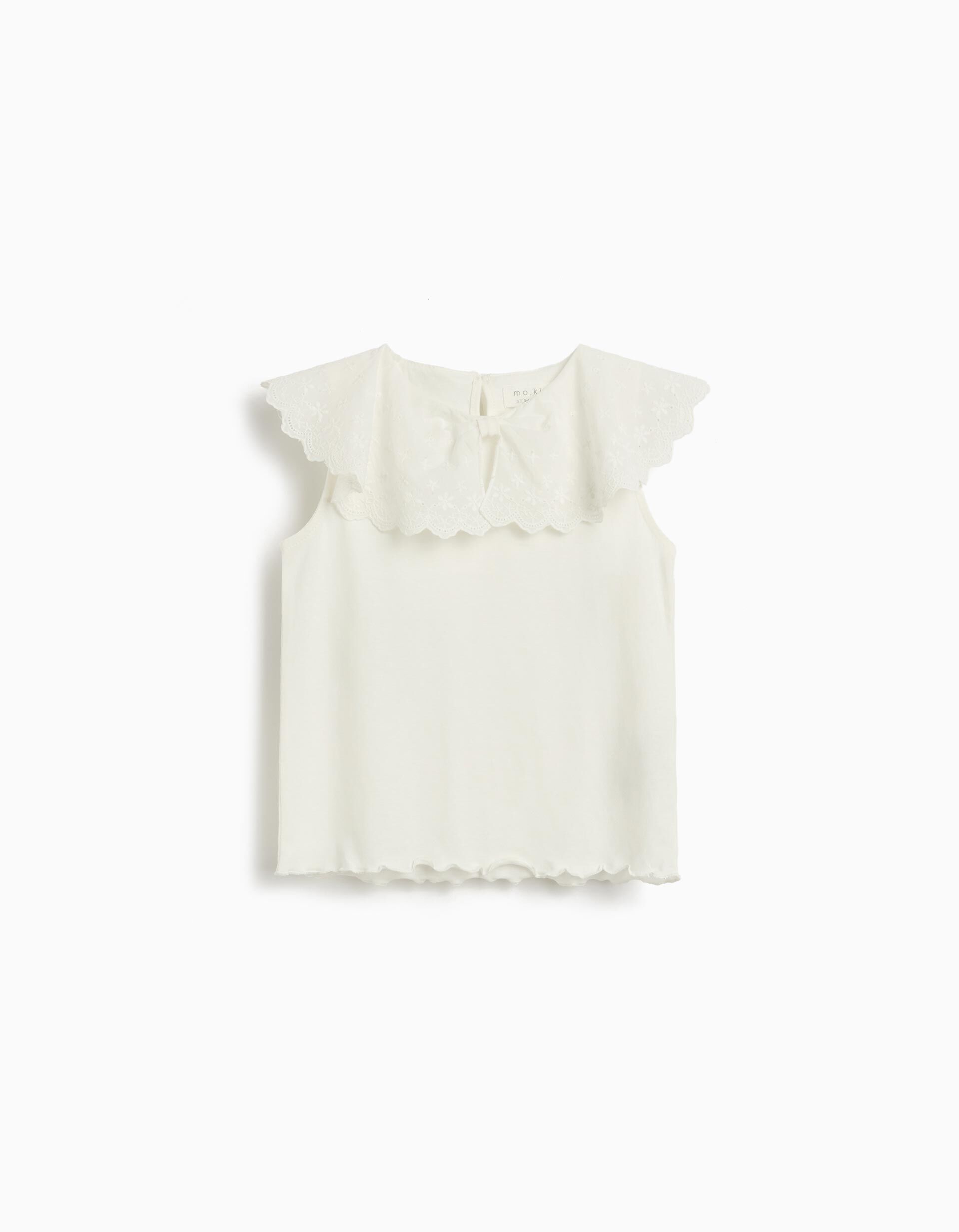 T-shirt com Gola em Bordado Ingl&ecirc;s, Menina, Branco