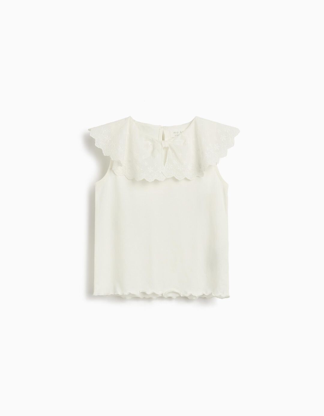 T-shirt com Gola em Bordado Inglês, Menina, Branco