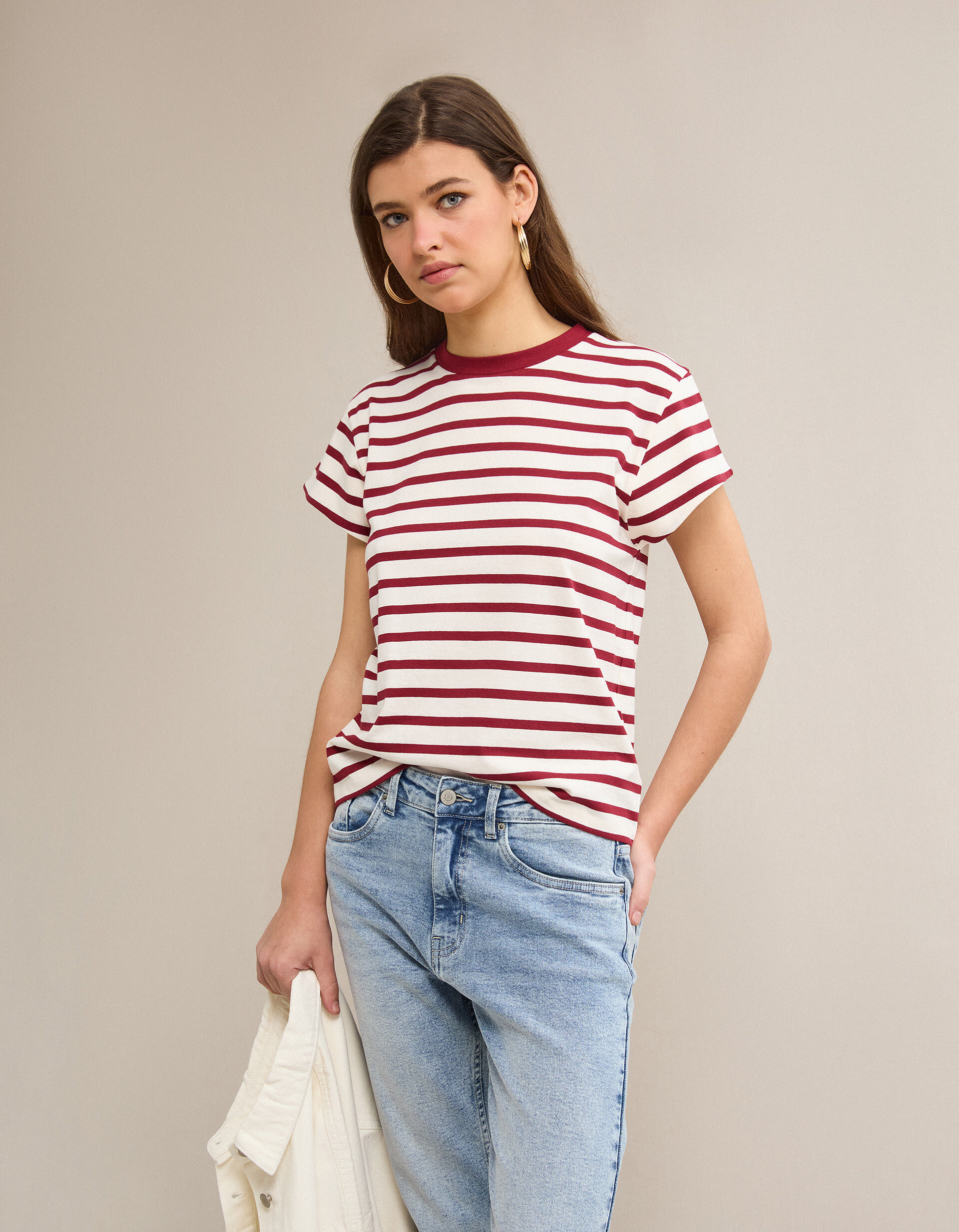 Comprar Online T-shirt Riscas, Mulher, Vermelho Escuro