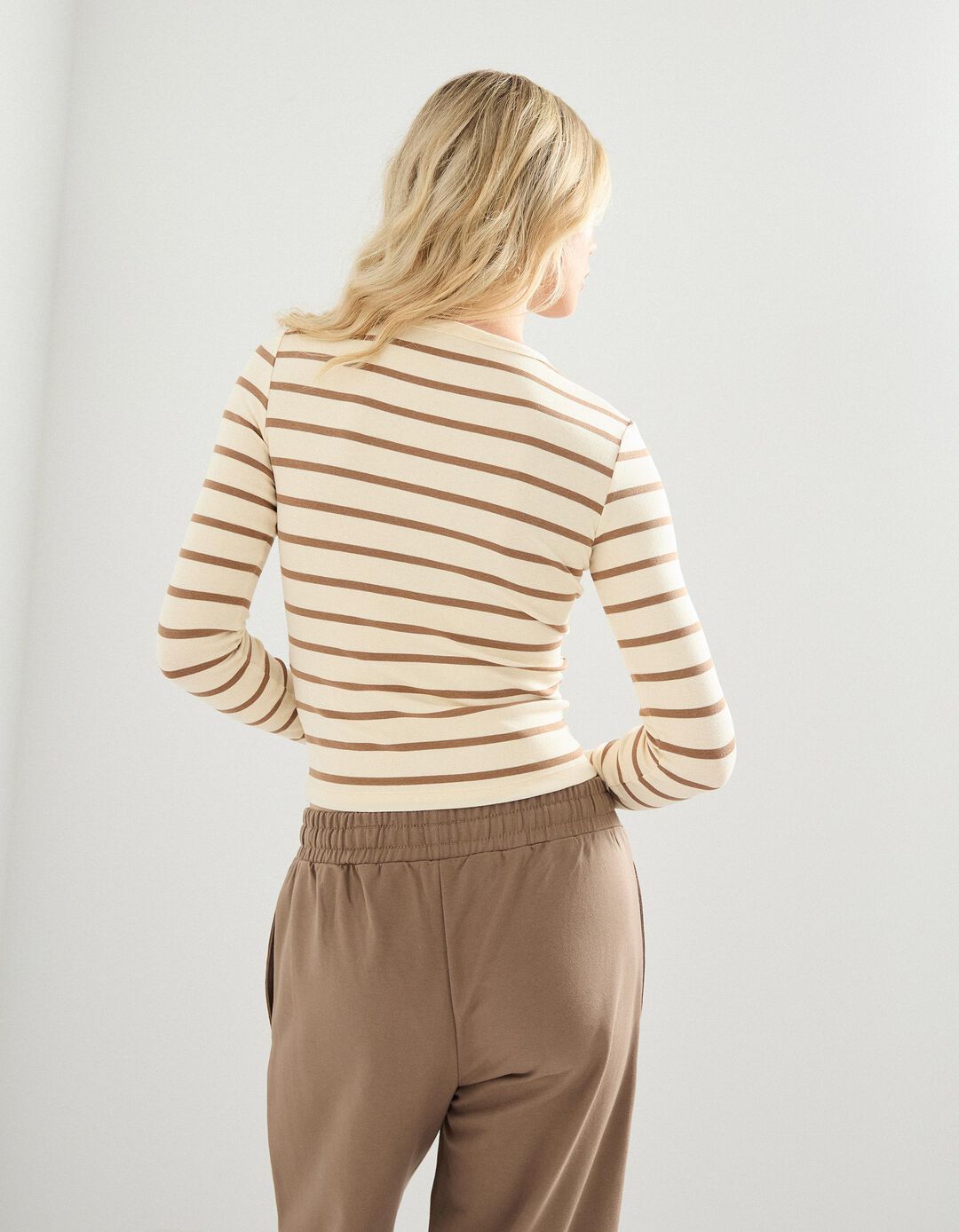 T-shirt de Manga Comprida Riscas, Mulher, Castanho Claro 