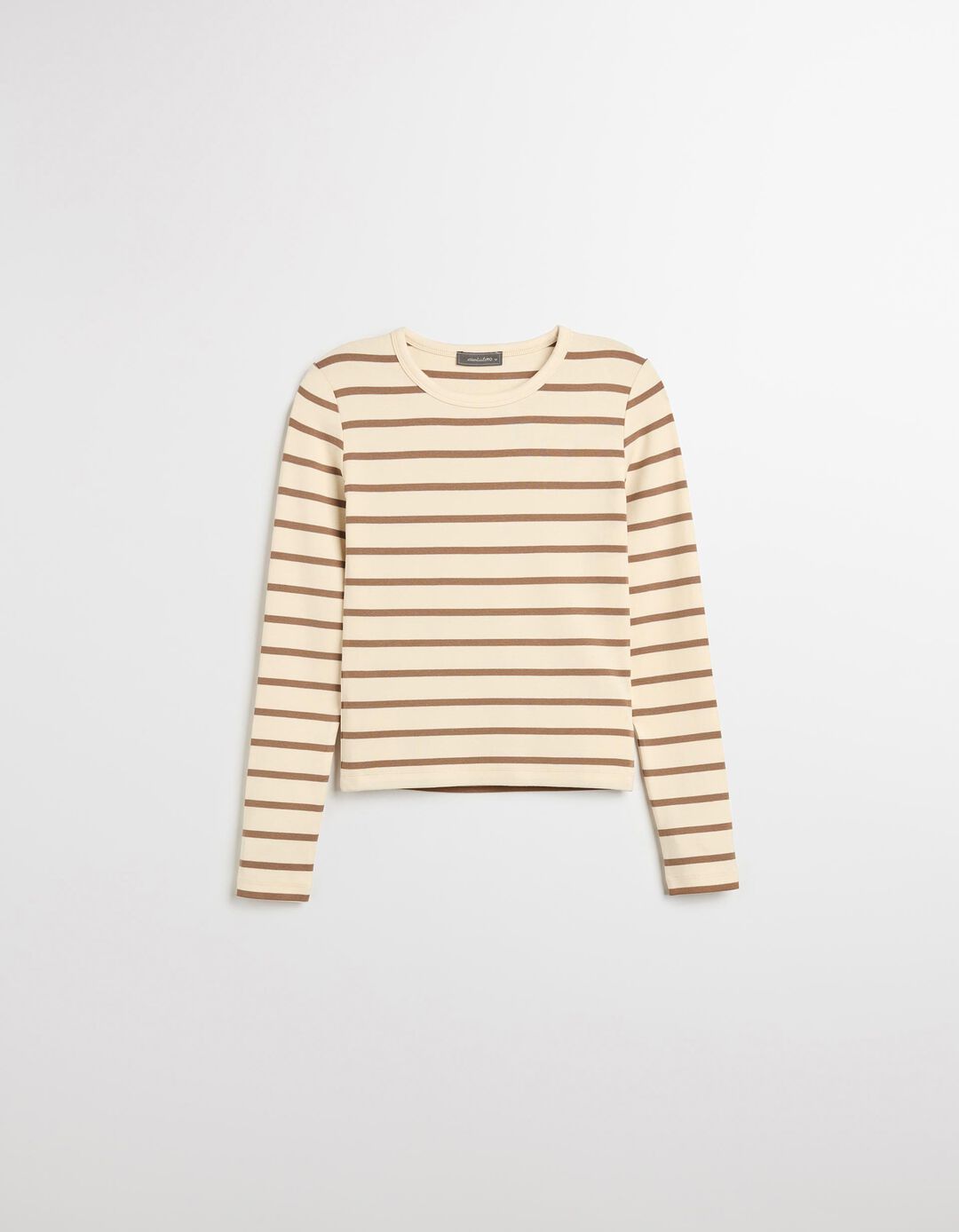 T-shirt de Manga Comprida Riscas, Mulher, Castanho Claro 