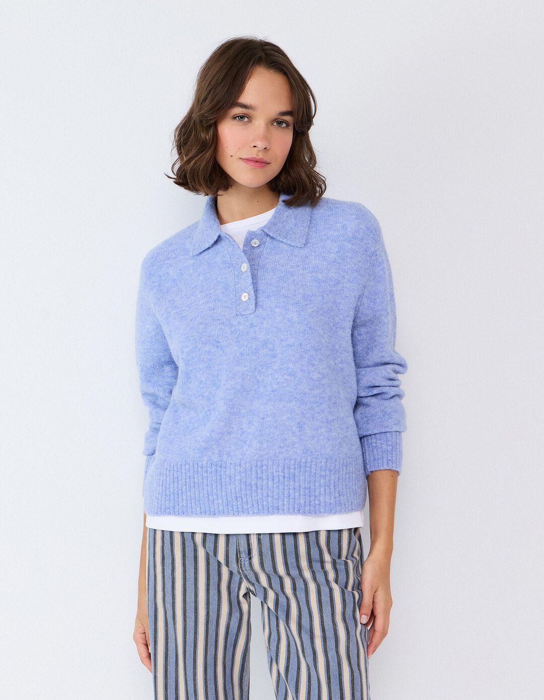 Polo Em Mistura De L&atilde; E Alpaca, Mulher, Azul Claro