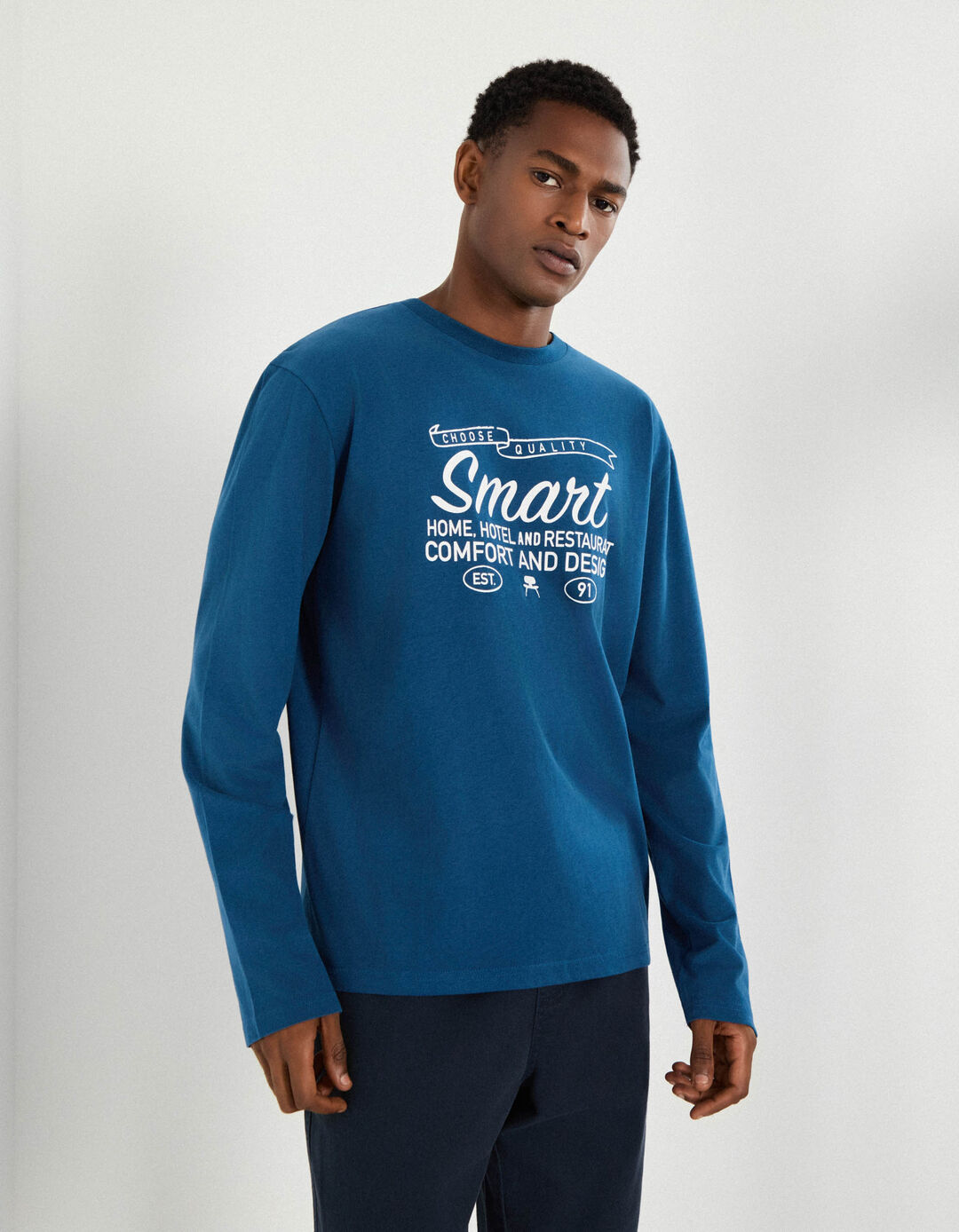 T-shirt de Manga Comprida Estampado, Homem, Azul 