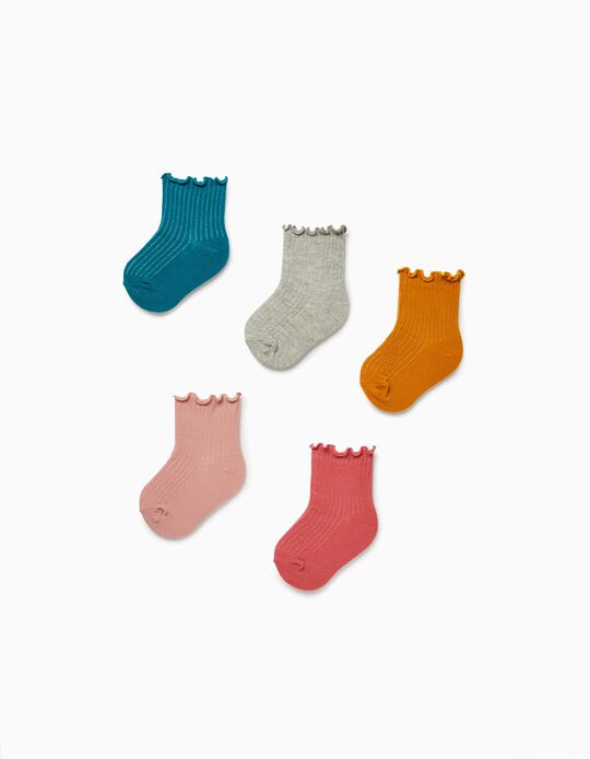 5 Pairs of Ribbed Socks for Baby Girls, Multicoloured