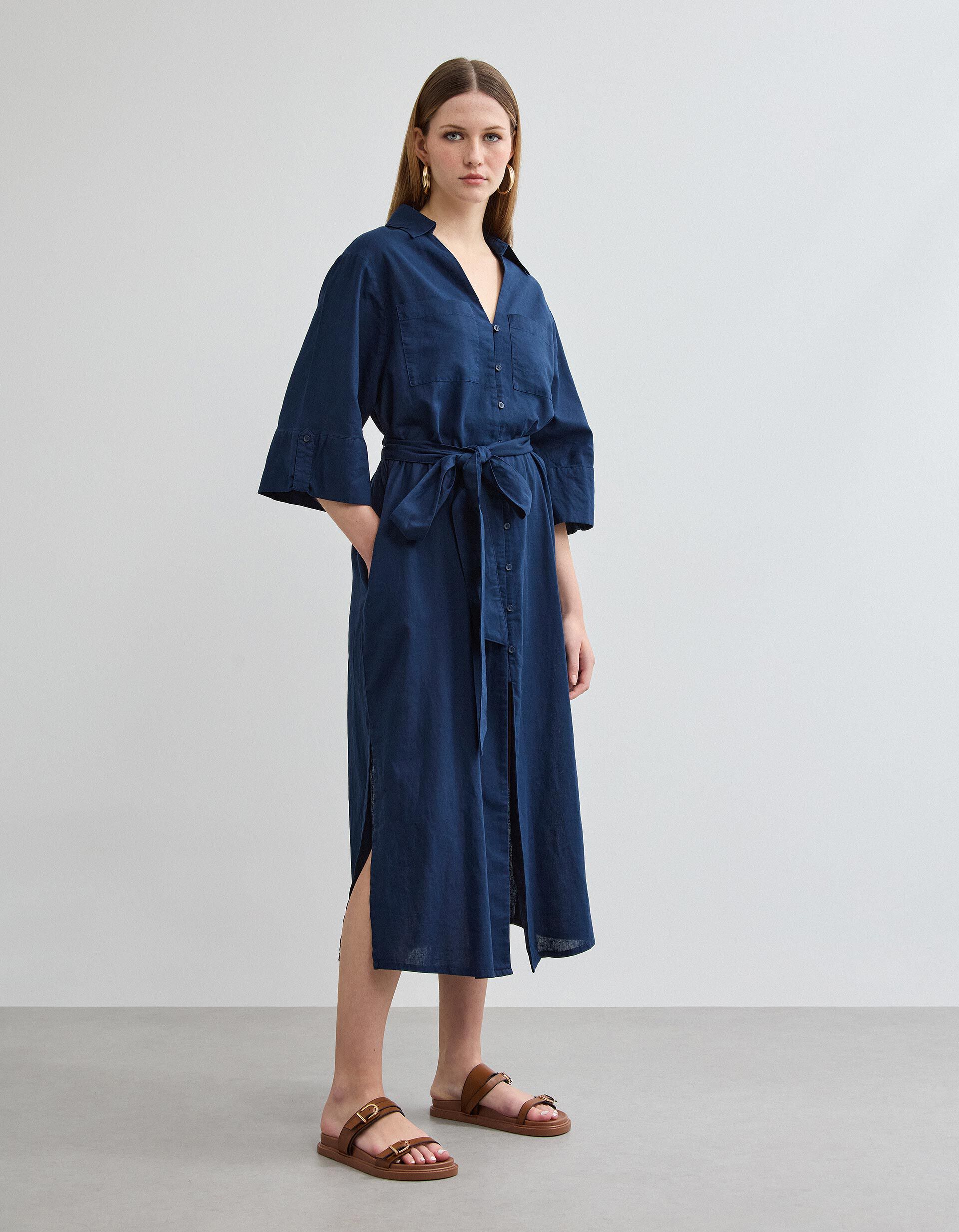 Comprar Online Vestido com Linho, Mulher, Azul Escuro