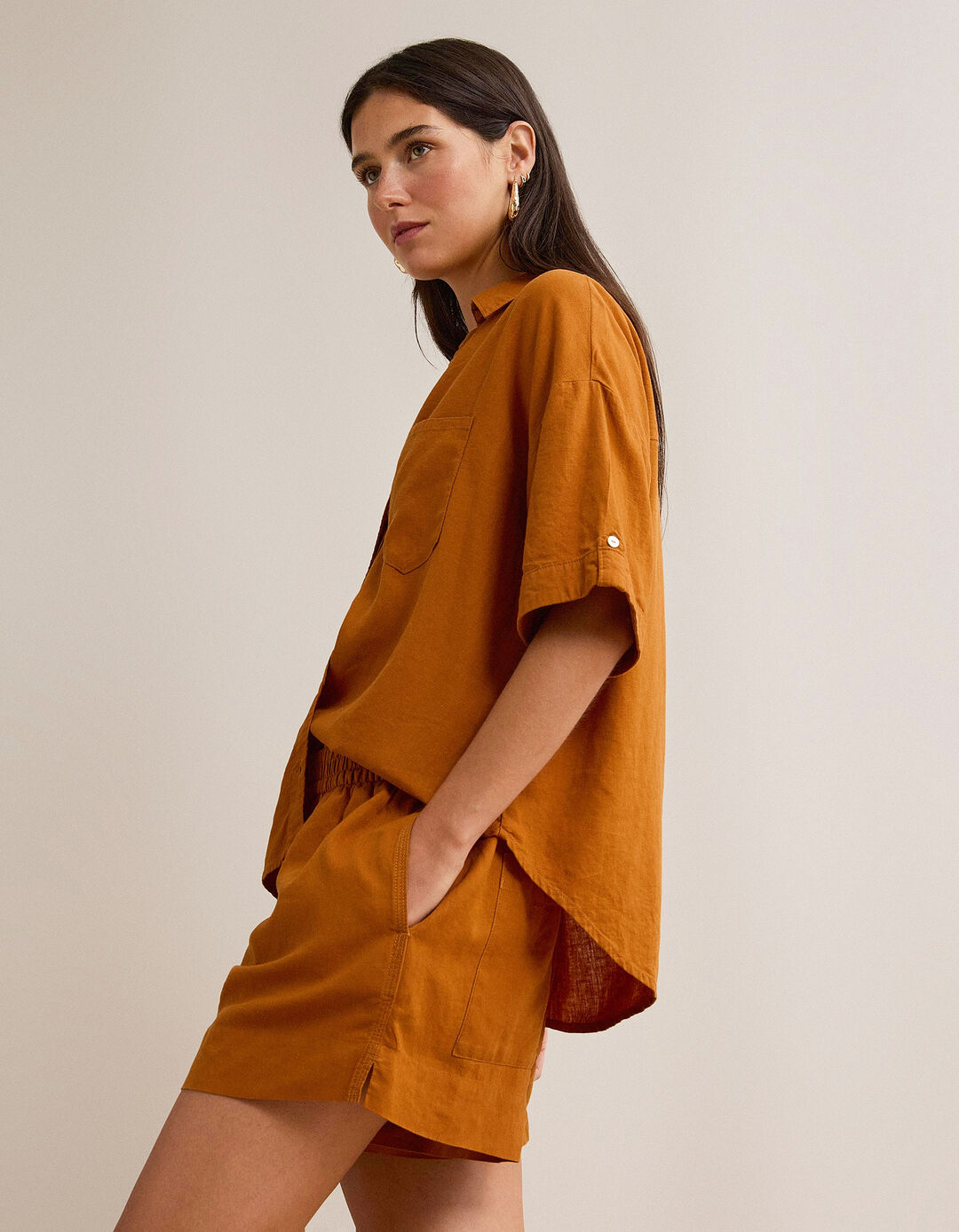 Blusa com linho, Mulher, Castanho Claro 