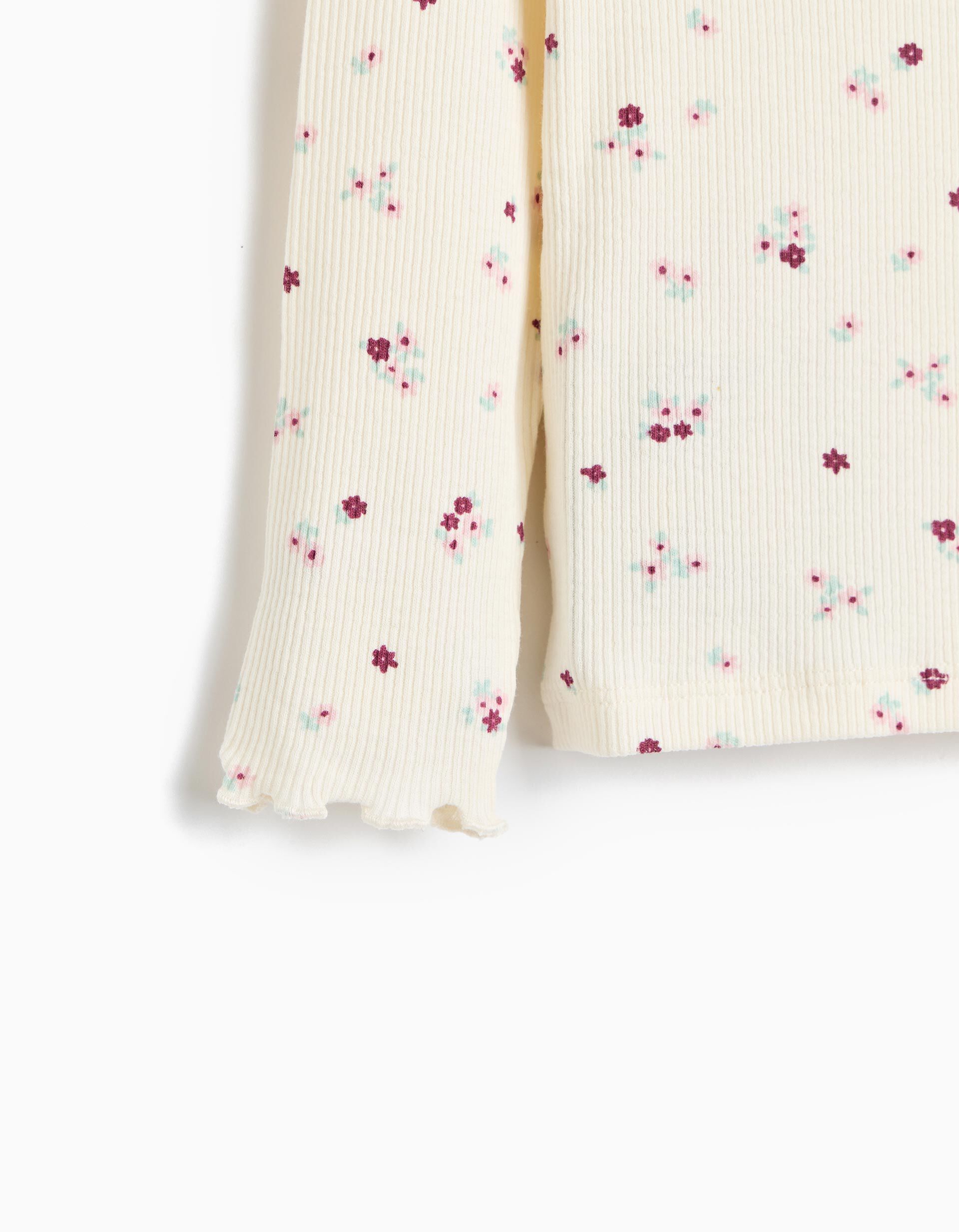Comprar Online Camisola Canelada Com Flores, Menina, Bege Claro