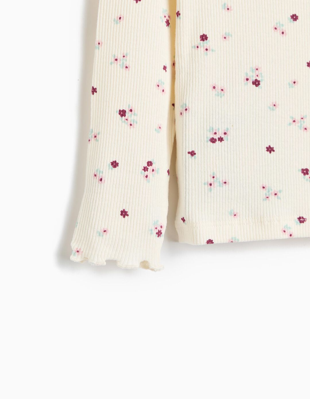 Camisola Canelada Com Flores, Menina, Bege Claro