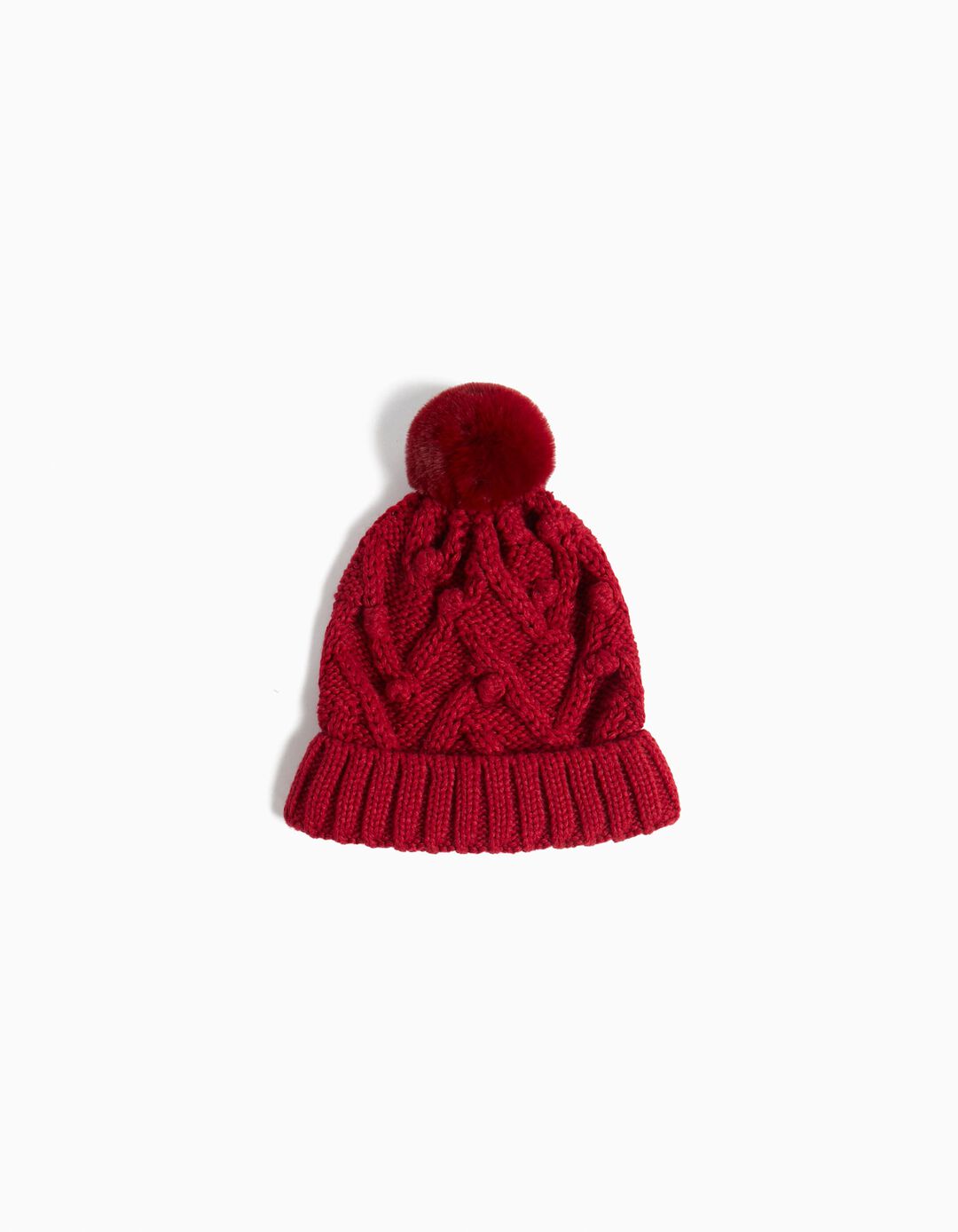 Pompom Knitted Hat, Girl, Dark Red