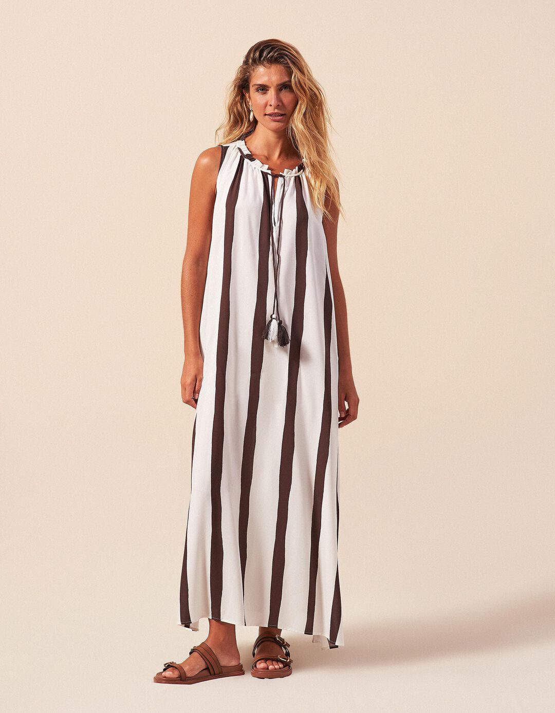 Vestido Riscas, Mulher, Bege Claro