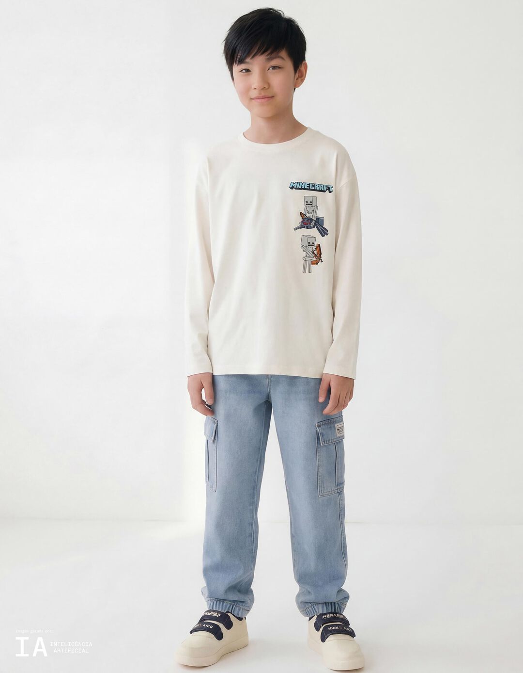 T-shirt Manga Comprida 'Minecraft', Menino, Branco