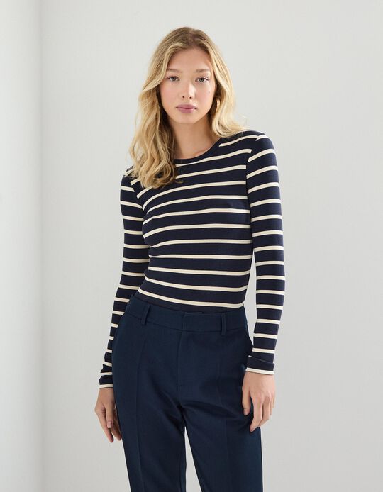 Comprar Online T-shirt de Manga Comprida Riscas, Mulher, Azul Escuro 