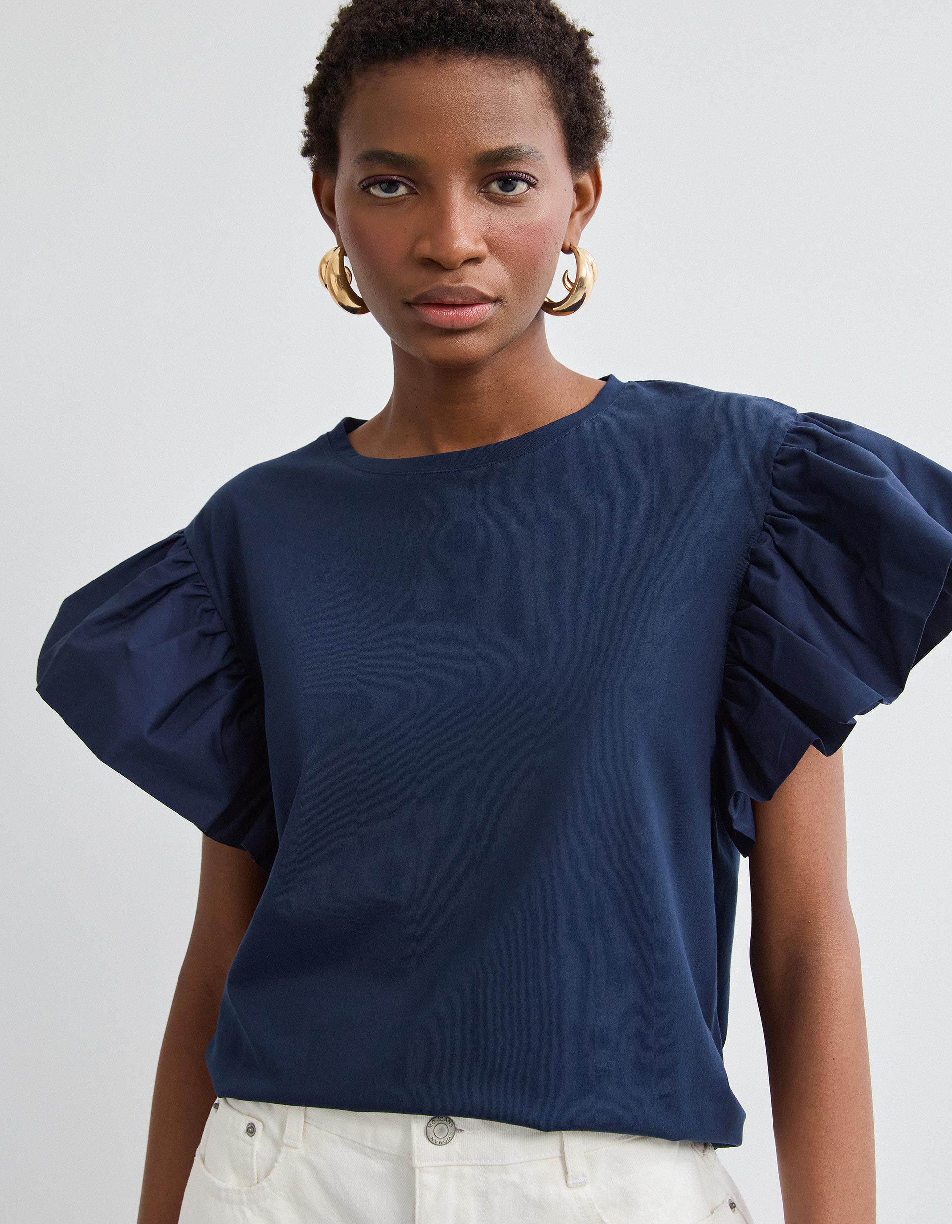 Comprar Online T-shirt Folhos, Mulher, Azul Escuro