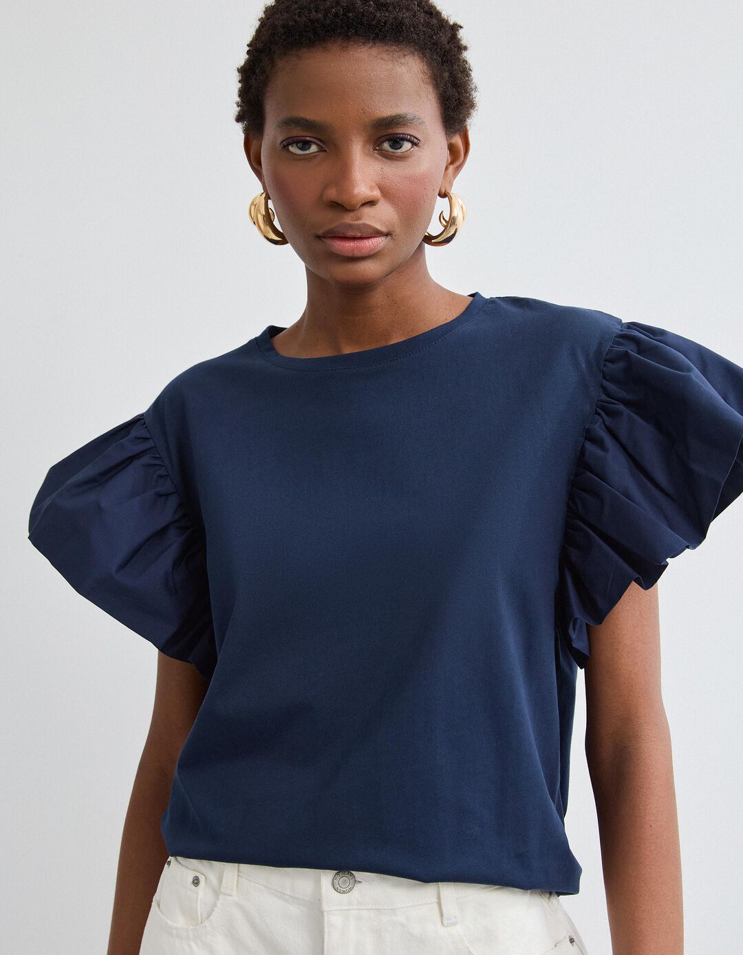 T-shirt Folhos, Mulher, Azul Escuro