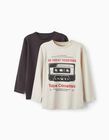 2-Pack Cotton T-shirts for Boys 'Tape Cassettes', Beige/Dark Grey