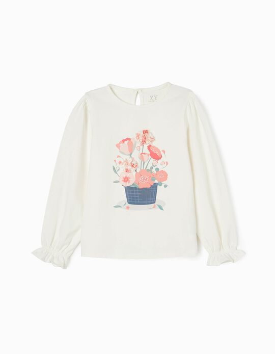 Long Sleeve Cotton T-shirt for Girls 'Flowers', White