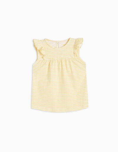 Frill Striped T-shirt, Baby Girls, Light Yellow