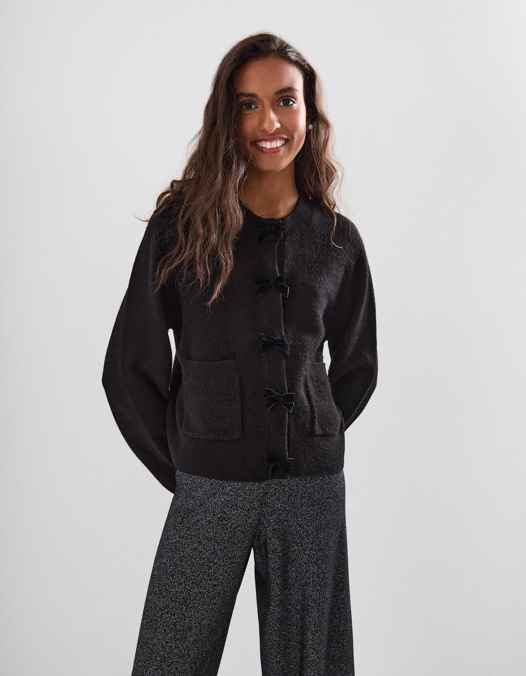 Casaco de Malha com Laços, Mulher, Preto 