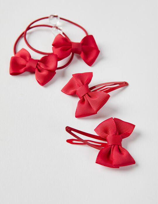 2 Hairpins + 2 Bobbles with Bow for Babies and Girls, Red
