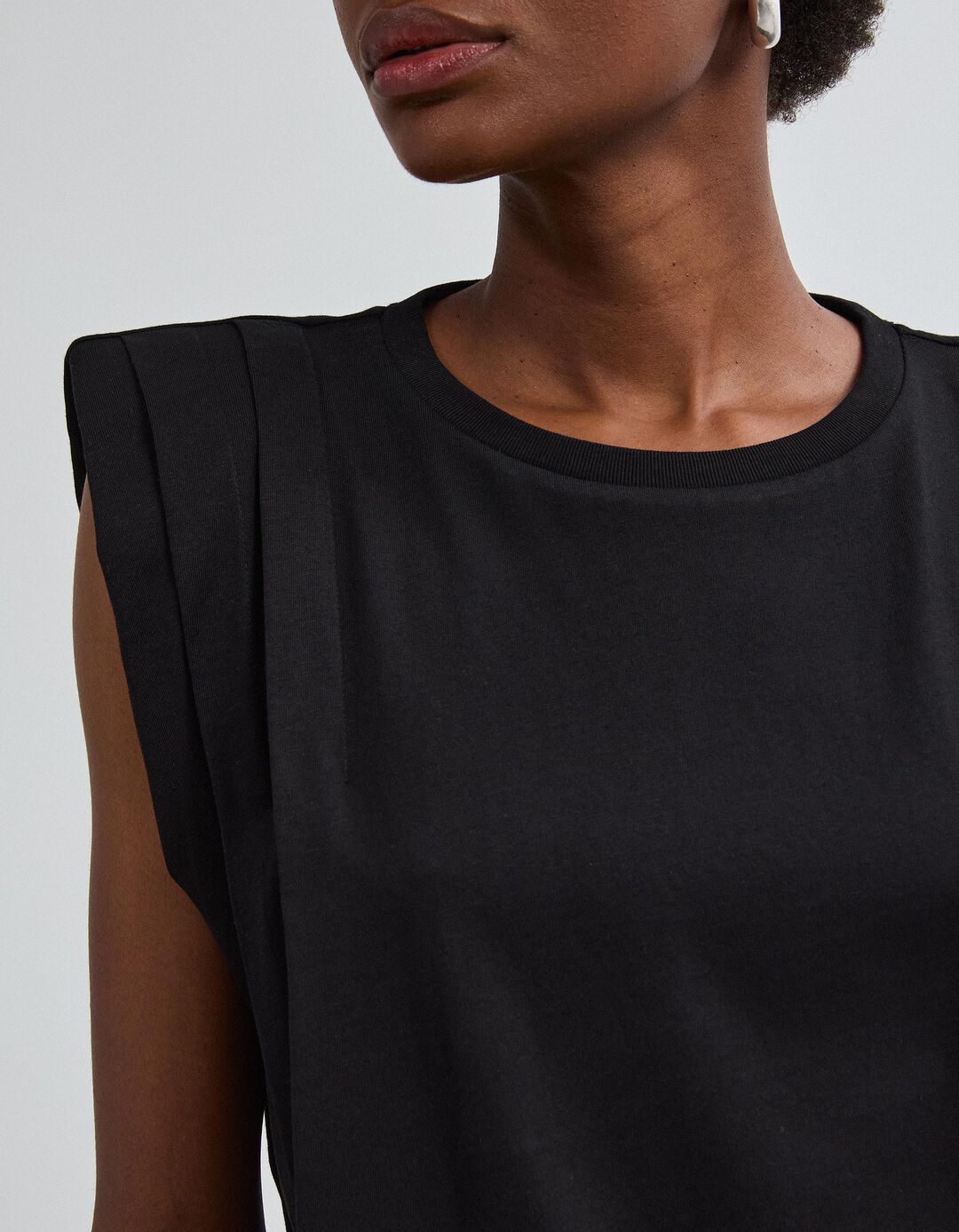T-shirt Com Ombreiras, Mulher, Preto