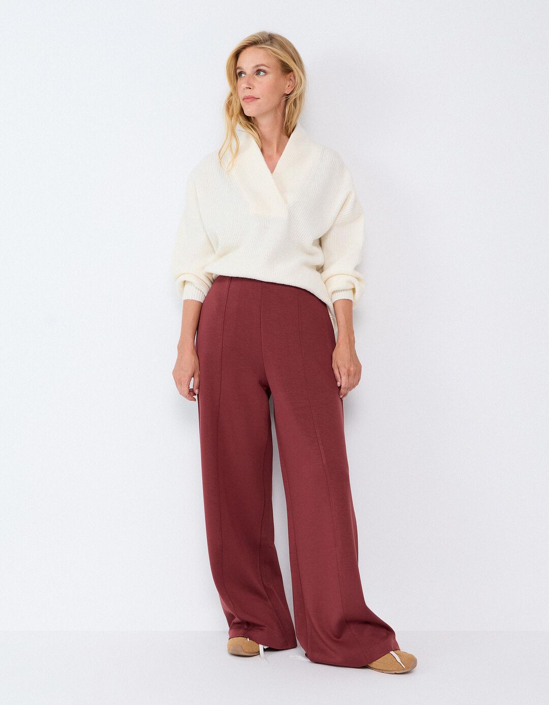 Cal&ccedil;as De Malha Interlock Wide Leg, Mulher, Vermelho Escuro