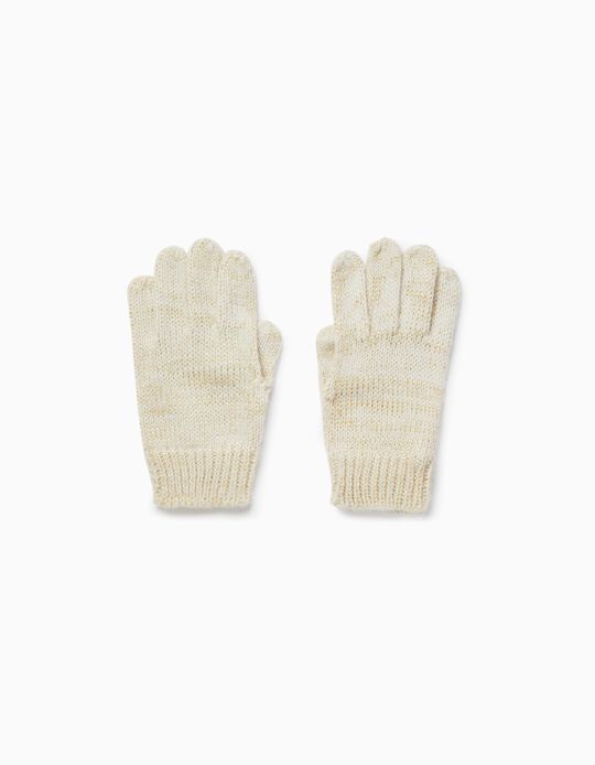 Knitted Gloves with Lurex Threads for Girls, Beige/Gold
