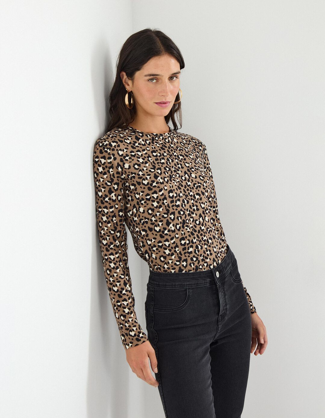 T-shirt de Manga Comprida, Mulher, Bege Escuro