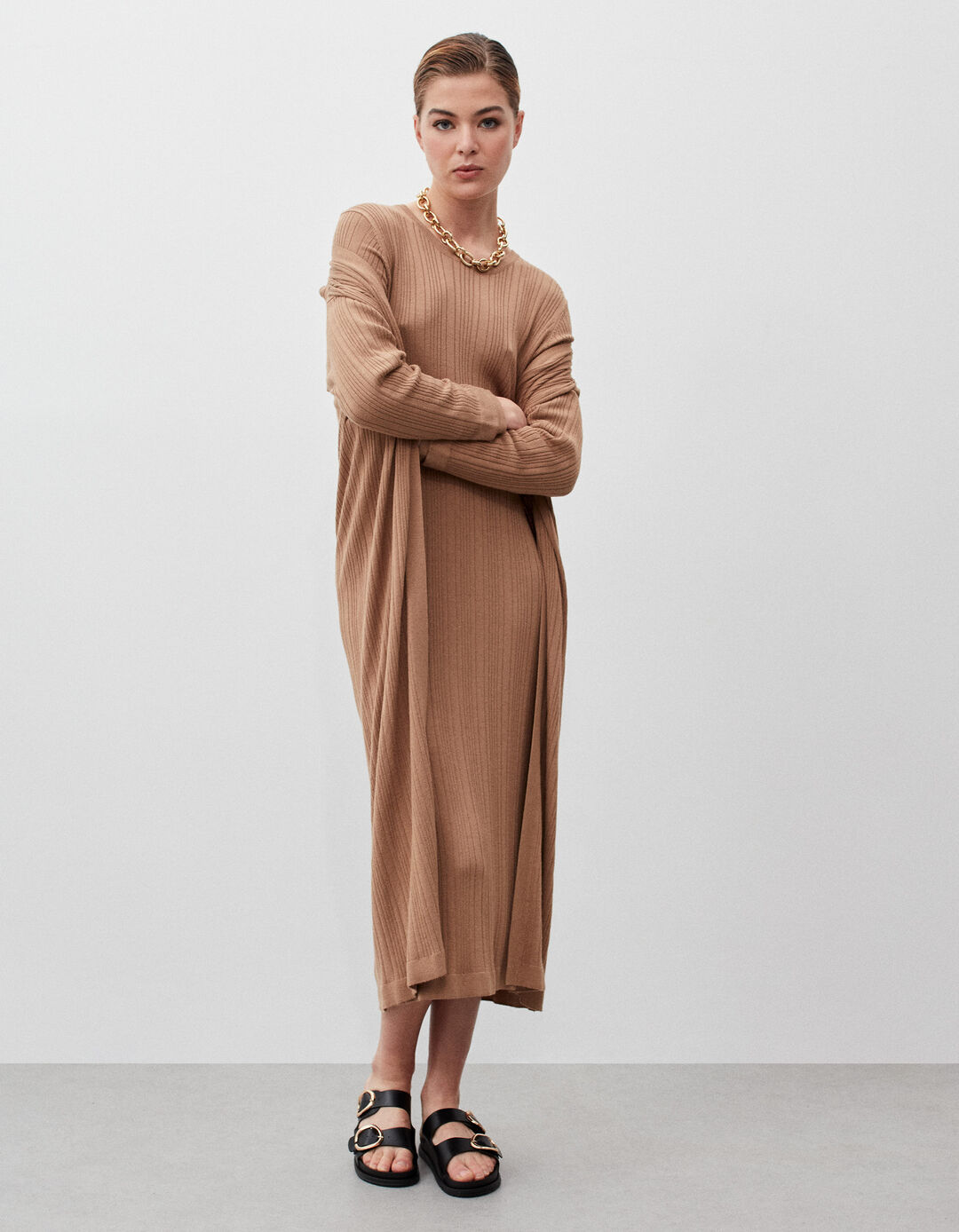 Long Ribbed Knit Coat, Women, Light Brown