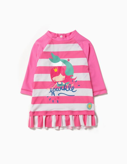 T-shirt de Banho para Beb&eacute; Menina 'Mermaid' Anti-UV 80, Branco e Rosa